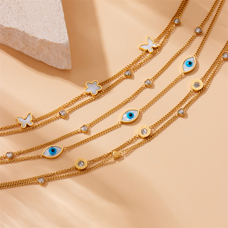 European and American style niche minimalist double-layered eye butterfly flower Roman round pendant accessories stainless steel anklet