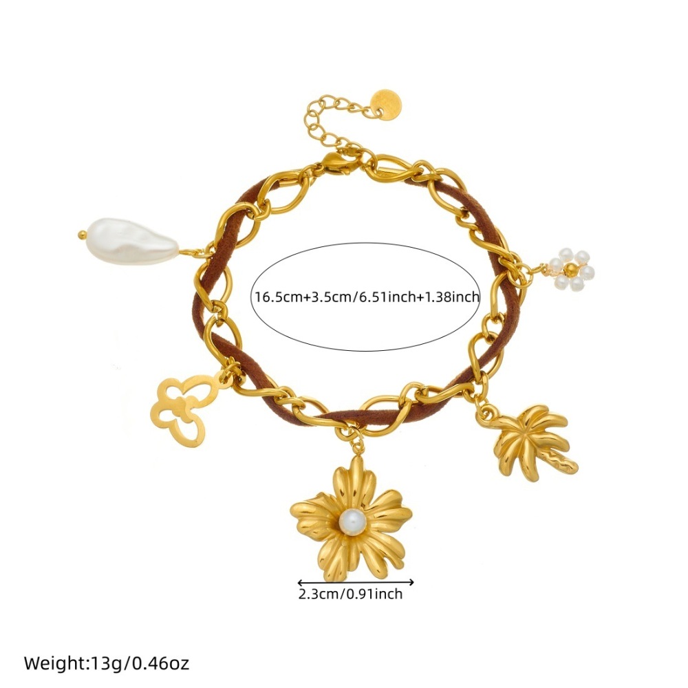 Cross-border fashion gold-plated hollow butterfly pearl flower coconut tree pendant brown velvet rope chain stainless steel bracelet