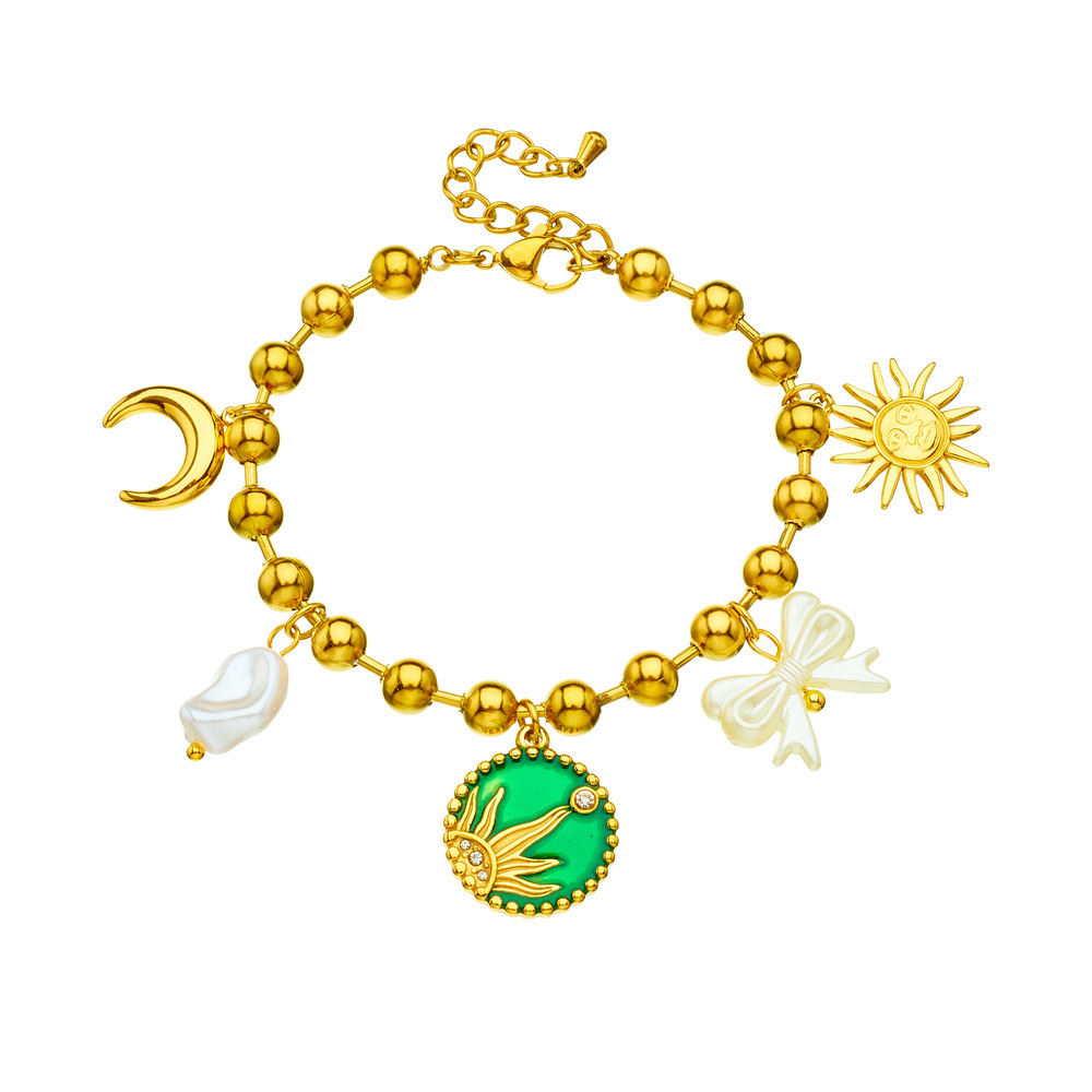 New European and American cross-border style gold-plated drip round pendant sun moon bow pearl chain stainless steel bracelet