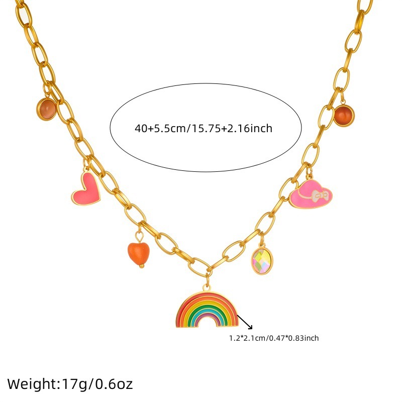 Fashionable cartoon sweet girl simple colorful drip heart rainbow hat pendant chain stainless steel sweatshirt necklace