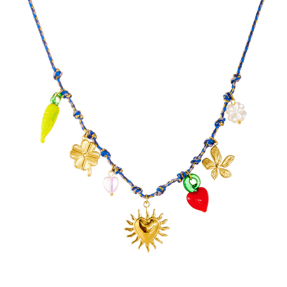 Cross-border fashion multi-element drip heart flower pendant peach heart sun-smooth gold-plated stainless steel chain necklace