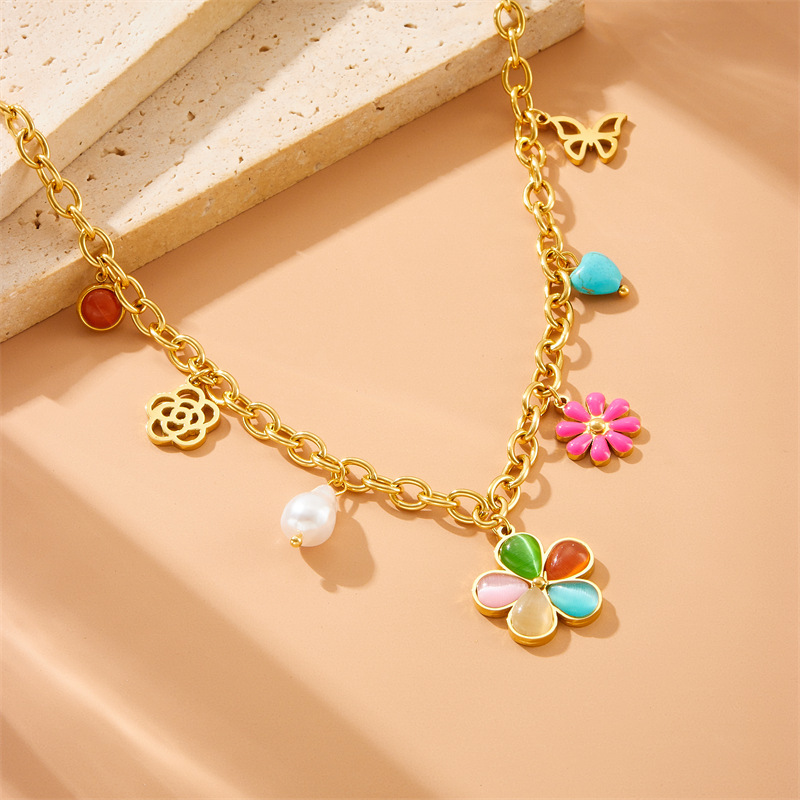Cross-border fashion colorful resin petal daisy hollow butterfly pearl heart accessory chain stainless steel necklace