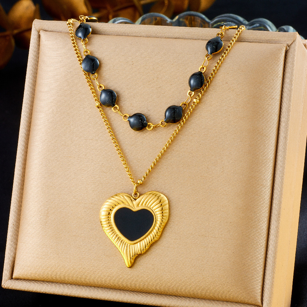 Fashionable and versatile black dotted round accessory heart-shaped pendant sun and moon painted diamond double-layer necklace