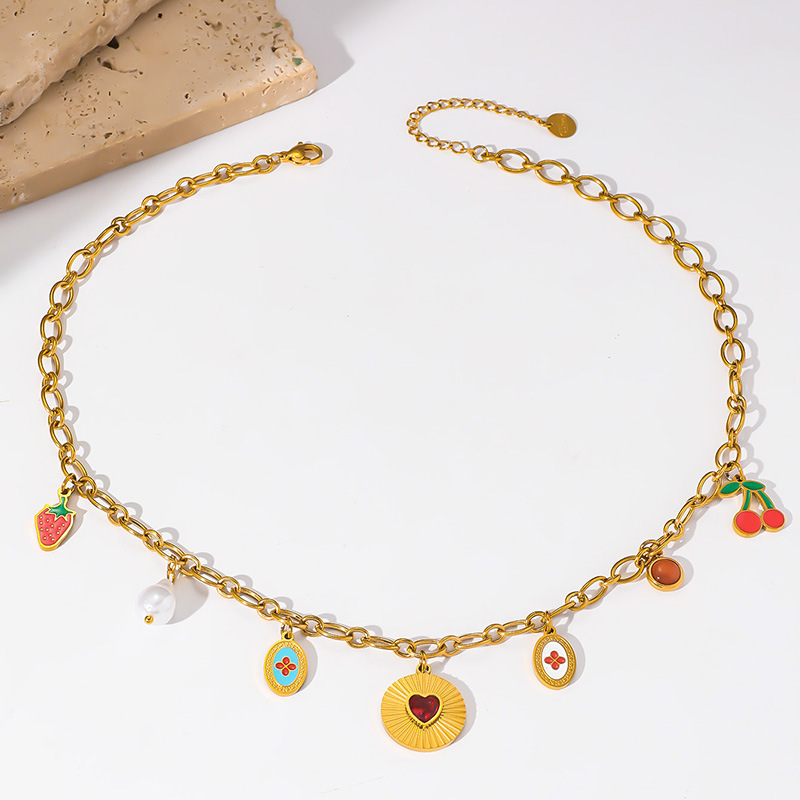 European and American cross-border rainbow flower cherry strawberry seven-color stainless steel necklace pendant cute fashion necklace clavicle chain