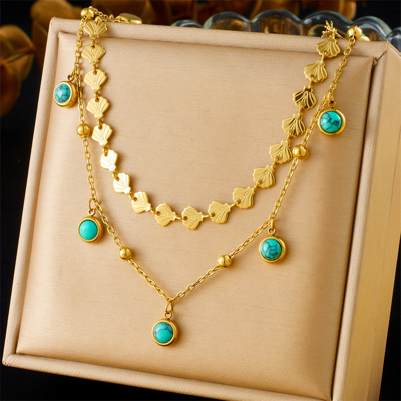 Exotic trendy double-layered five-pointed star epoxy choker necklace, rectangular green diamond and turquoise eye necklace, stainless steel.