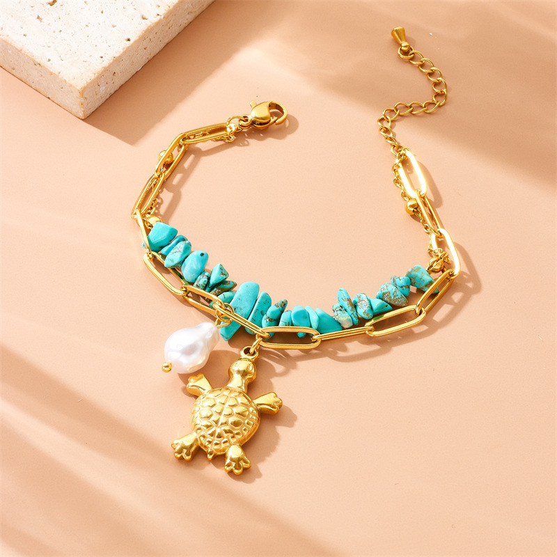 European and American cross-border 3D turtle pearl irregular turquoise double-layer chain jewelry bracelet