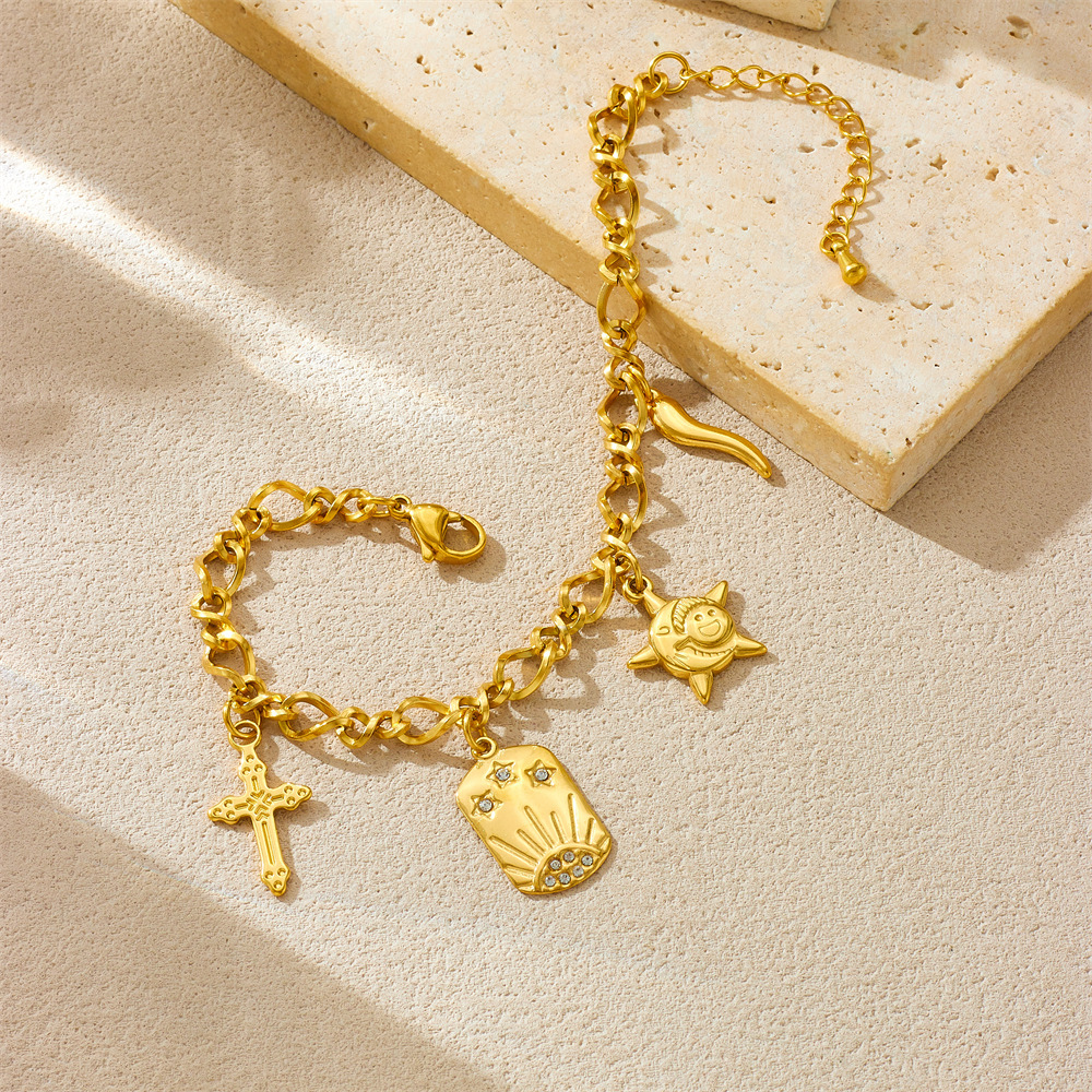Cross-border European and American fashion starfish pendant niche design retro cross sun stainless steel bracelet for women