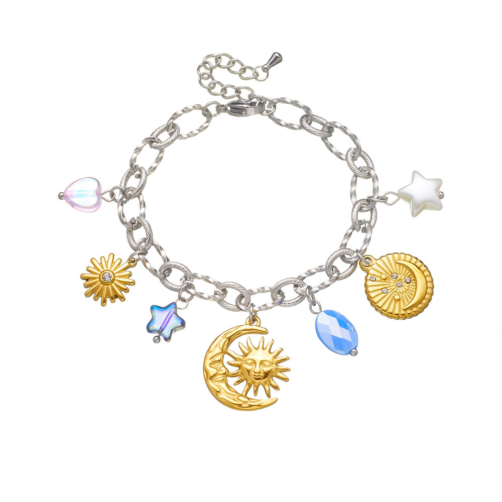 Trendy new cross-border fashion design with multiple elements: tulip, moon, and star stainless steel bracelet.