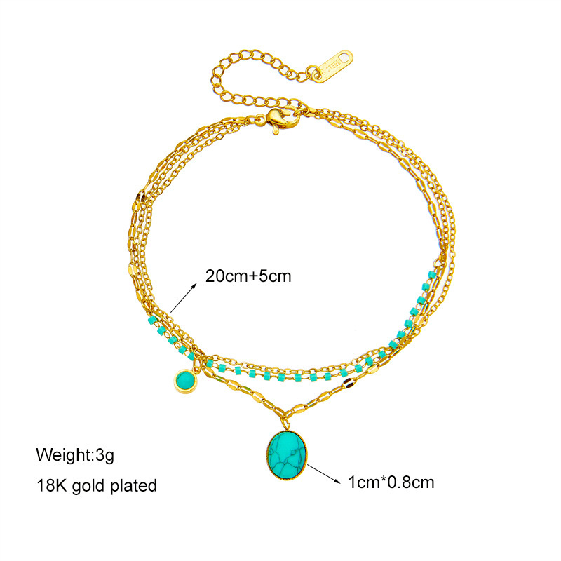 European and American cross-border retro bohemian style unique oval blue turquoise pendant titanium steel chain accessory bracelet