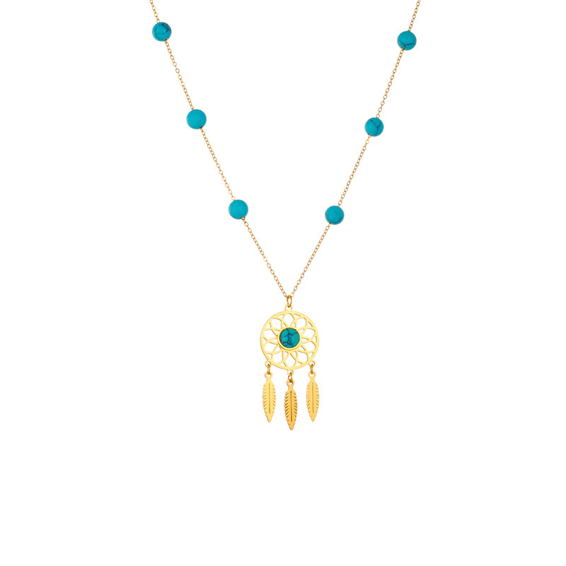 European and American style, retro ethnic style, turquoise beaded dreamcatcher pendant chain, titanium steel necklace