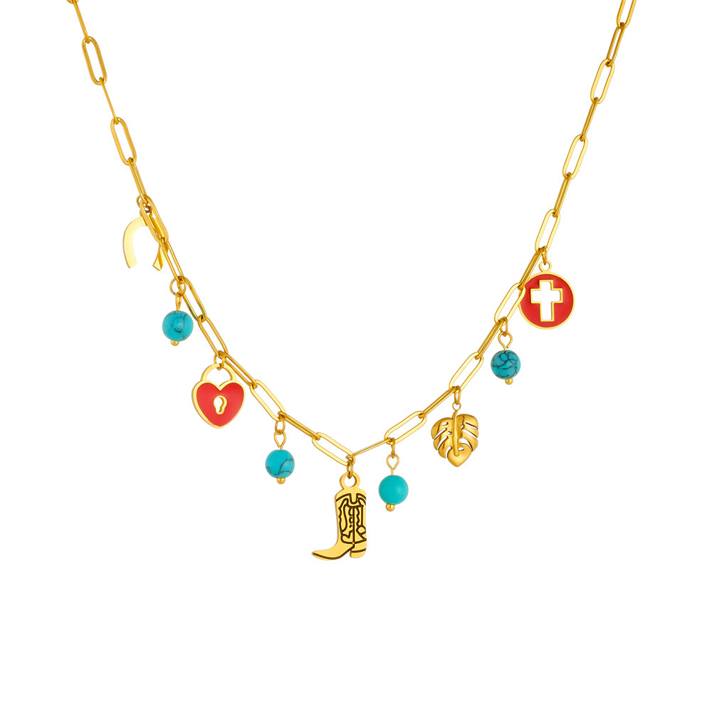 Cross-border fashion retro red dripping round hollow cross heart lock leaf boot pendant chain necklace