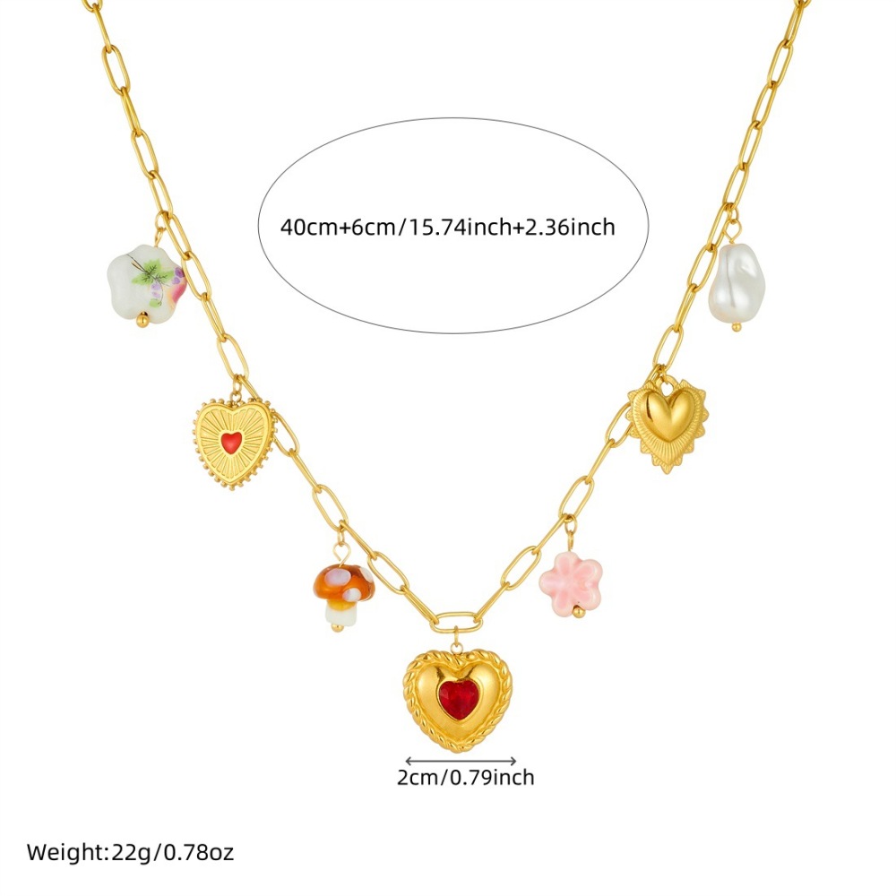 New cross-border style royal-style diamond-encrusted gold-plated 3D heart-shaped ceramic mushroom pendant chain stainless steel set