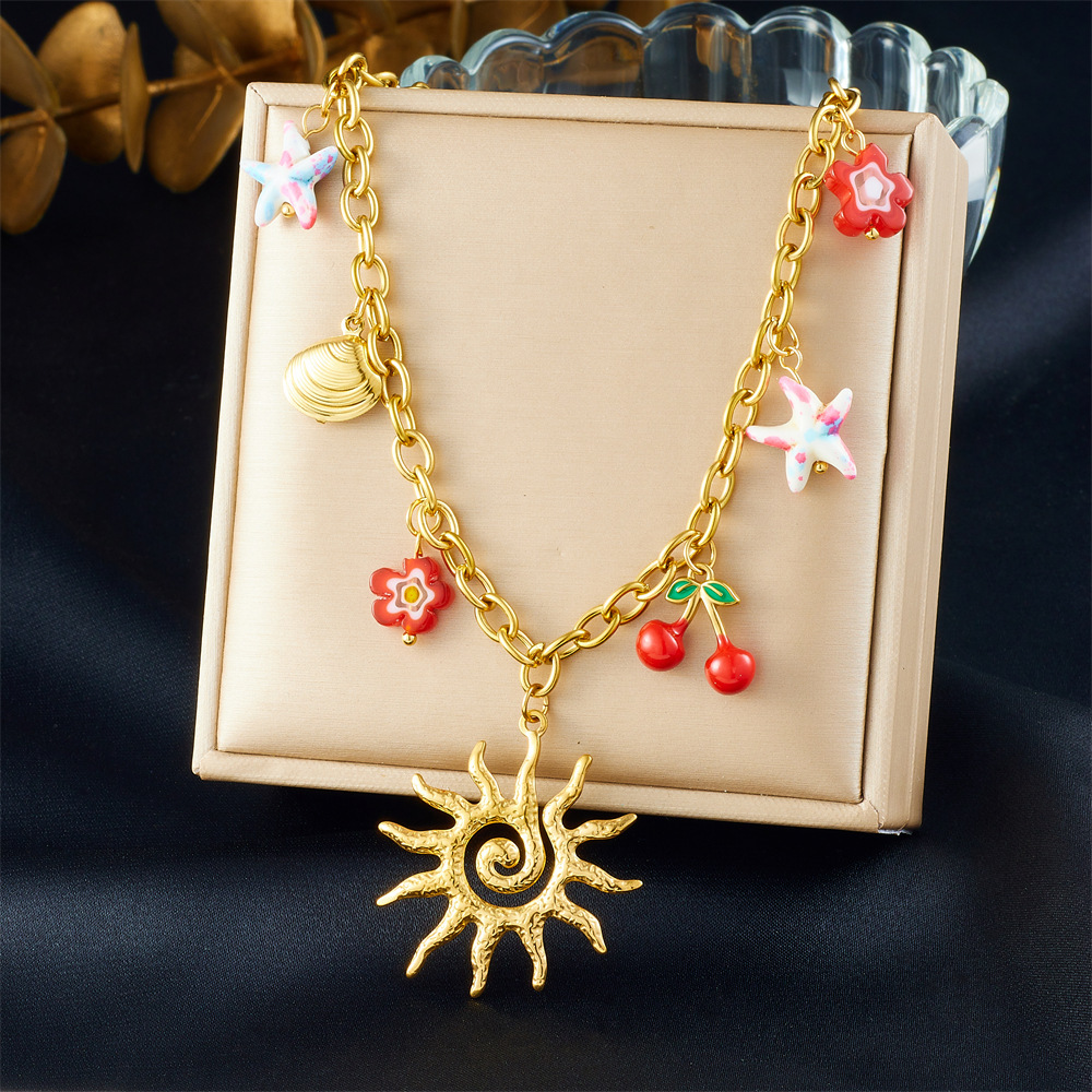 Cross-border fashion summer sunflower starfish cherry drip pendant gold-plated stainless steel O-chain clavicle necklace