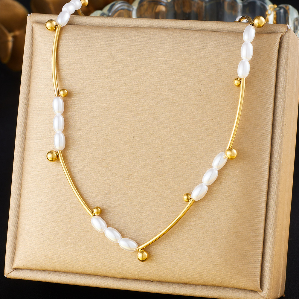 French retro style, light luxury oval pearl long bar with gold-plated stainless steel choker necklace