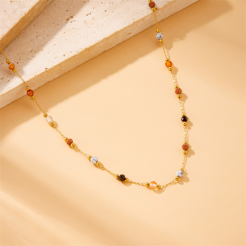 European and American style niche retro design colorful stone beaded chain stainless steel gold-plated necklace