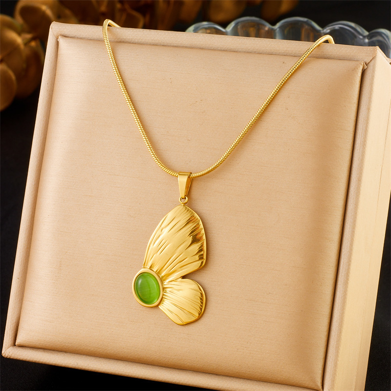 Cross-border retro oval green cat's eye stone half-butterfly necklace pendant round snake bone chain earring set