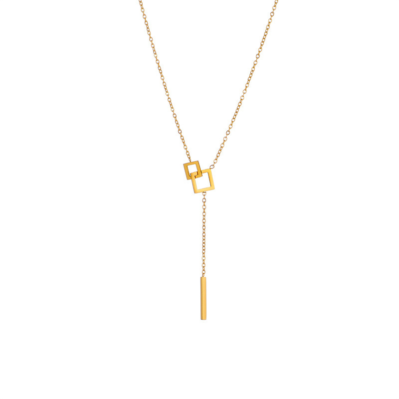 European and American style, minimalist, light luxury, niche design, high-end geometric square long tassel chain titanium steel necklace