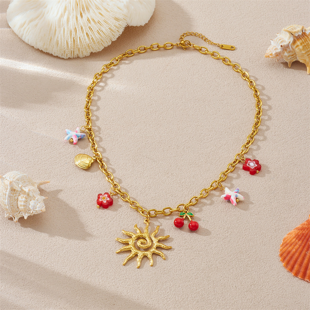 Cross-border fashion summer sunflower starfish cherry drip pendant gold-plated stainless steel O-chain clavicle necklace