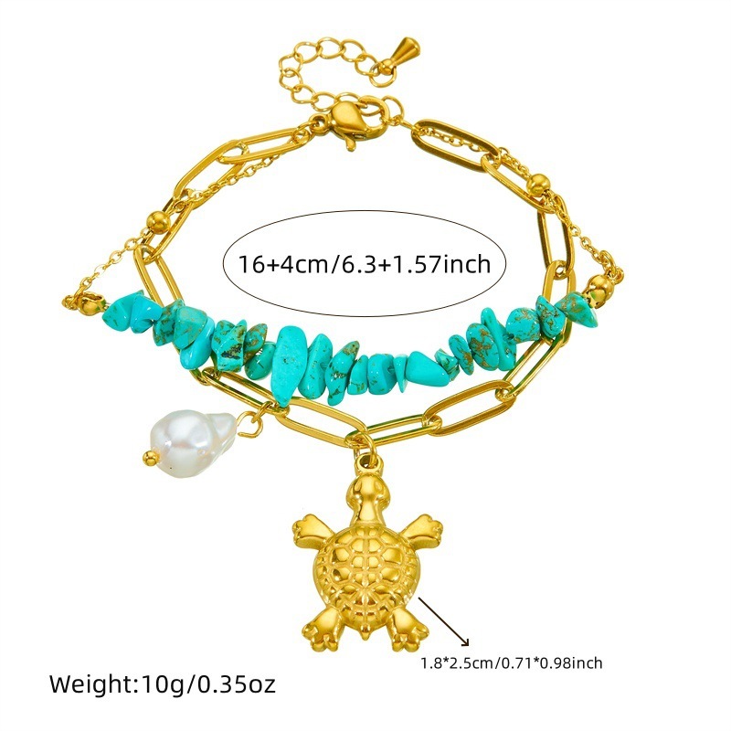 European and American cross-border 3D turtle pearl irregular turquoise double-layer chain jewelry bracelet