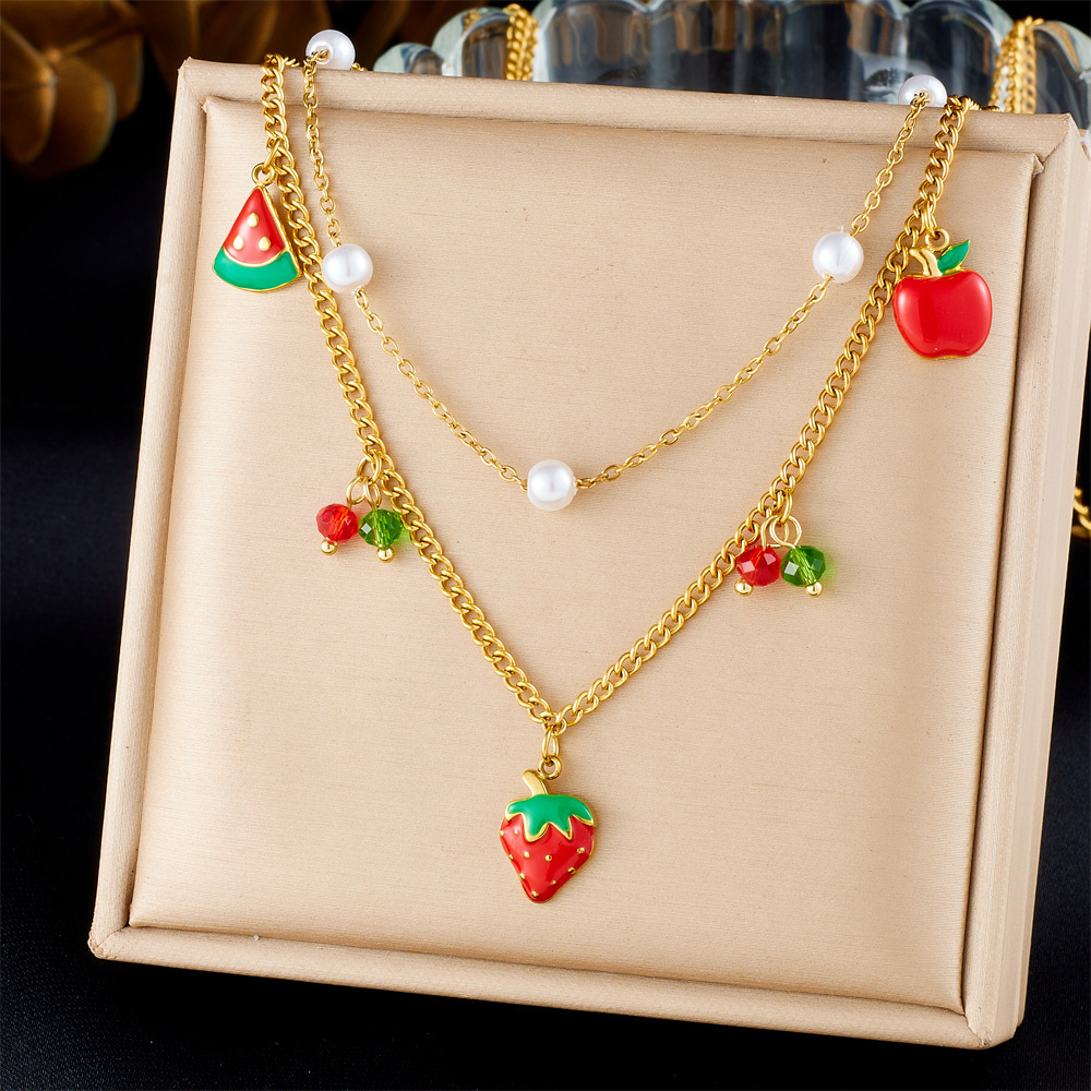 Cross-border fashion cartoon creative fruit series 3D design red drip strawberry cherry apple pendant necklace