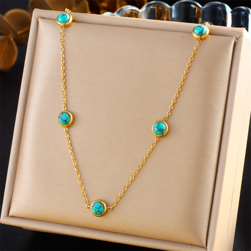 European and American fashion niche design retro minimalist round blue turquoise accessories chain necklace earrings stainless steel set