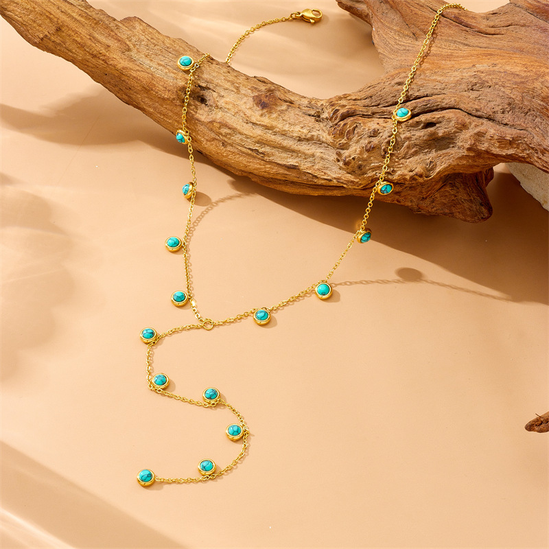 Exquisite and minimalist Y-shaped tassel necklace, round turquoise accessory, sweater chain, niche design, stainless steel clavicle chain.