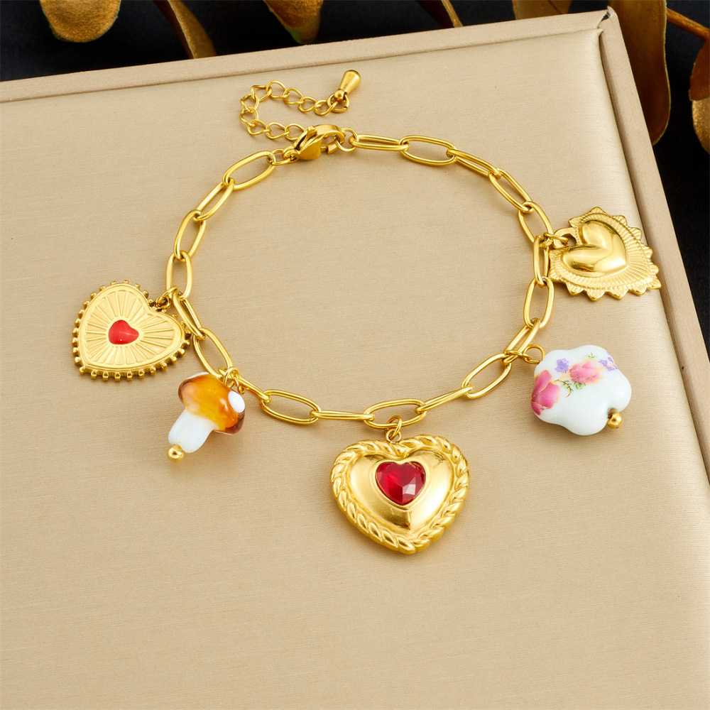 New cross-border style royal-style diamond-encrusted gold-plated 3D heart-shaped ceramic mushroom pendant chain stainless steel set