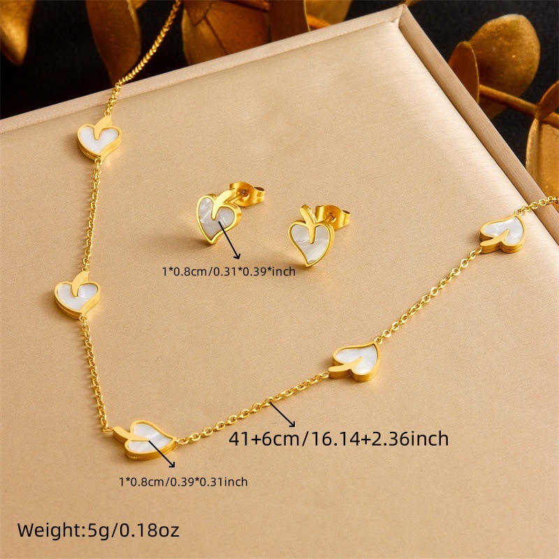 Fresh and elegant accessories, versatile white shell earrings, minimalist necklace and bracelet, stainless steel leaf set.