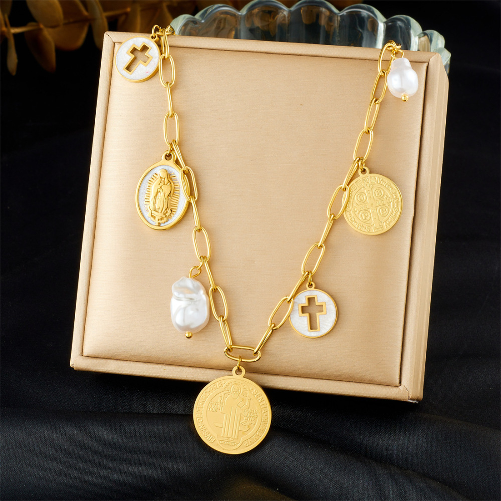 Cross-border European and American retro round pendant portrait pendant hollow cross pendant pearl coin gold-plated stainless steel set