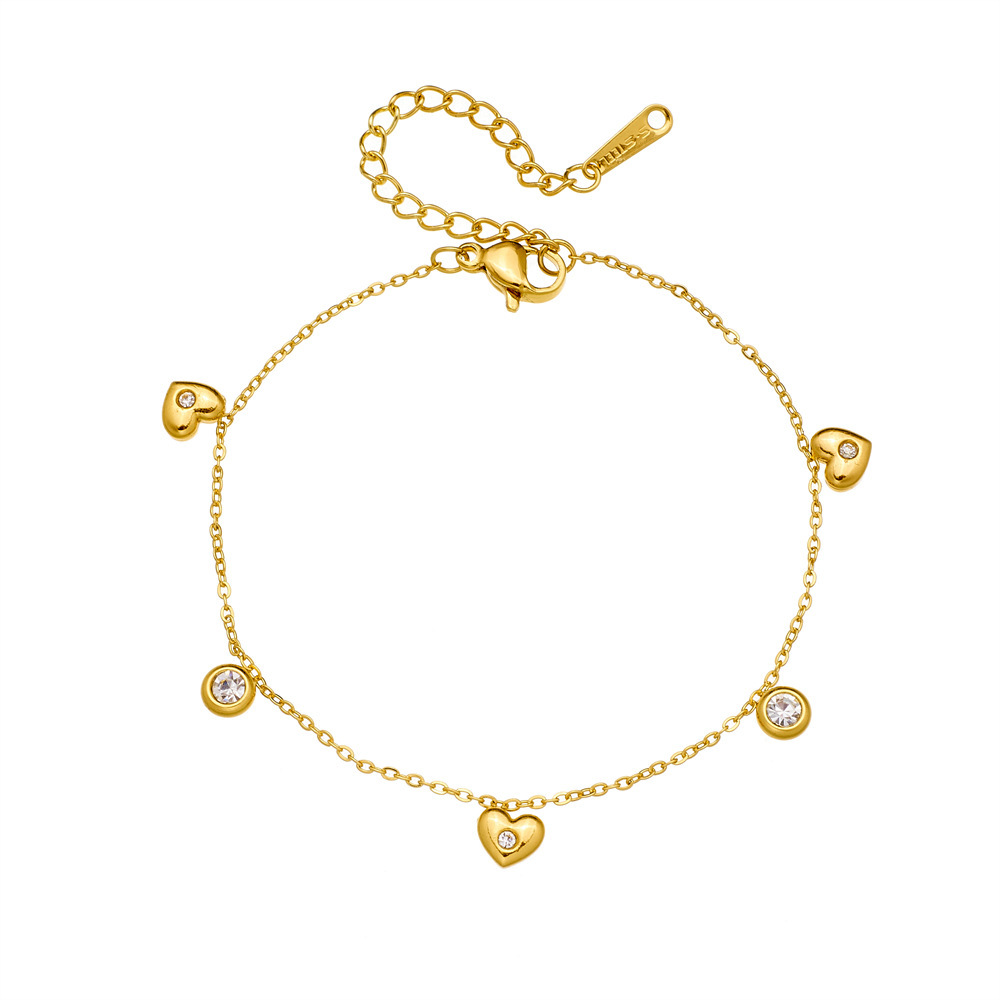 Korean style, simple and exquisite, small round diamond-encrusted heart pendant chain, stainless steel gold-plated jewelry bracelet.