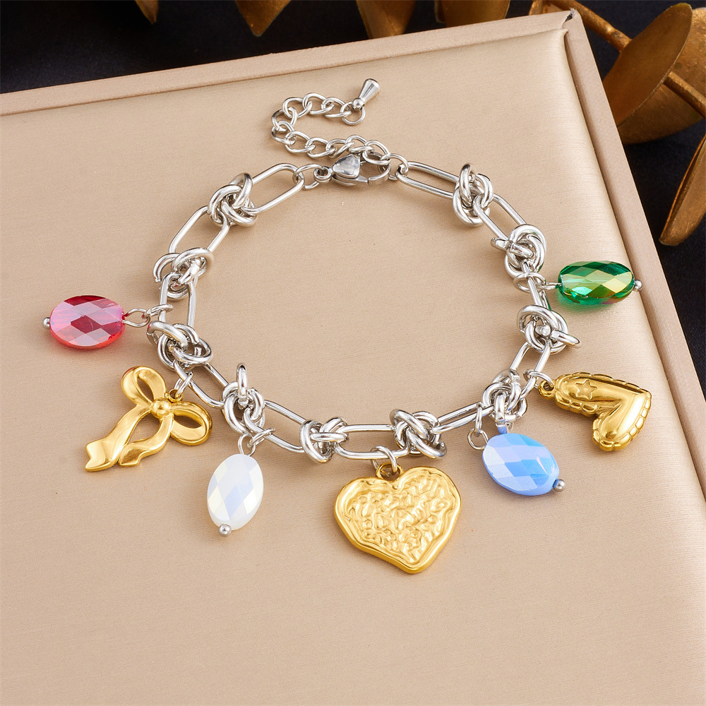 Cross-border trend, niche design, stainless steel dripping heart bow round pendant spliced bracelet