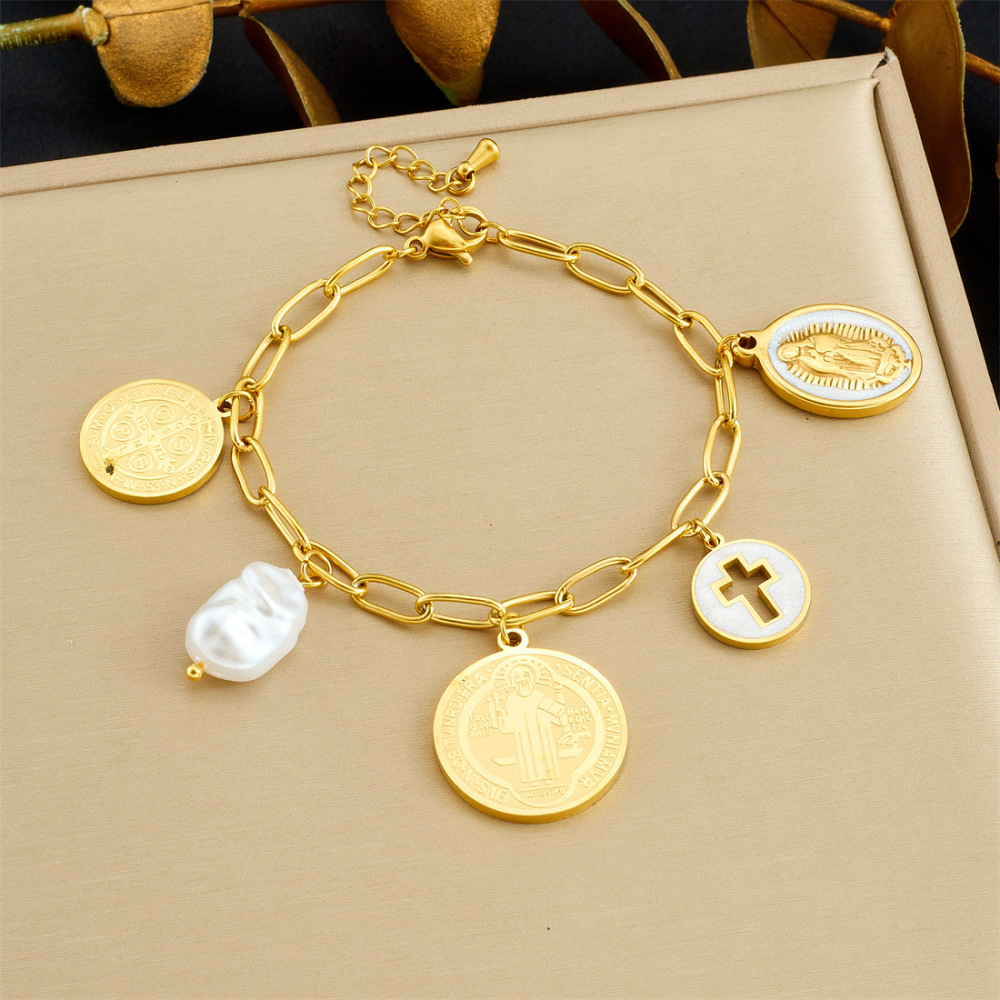 Cross-border European and American retro round pendant portrait pendant hollow cross pendant pearl coin gold-plated stainless steel set