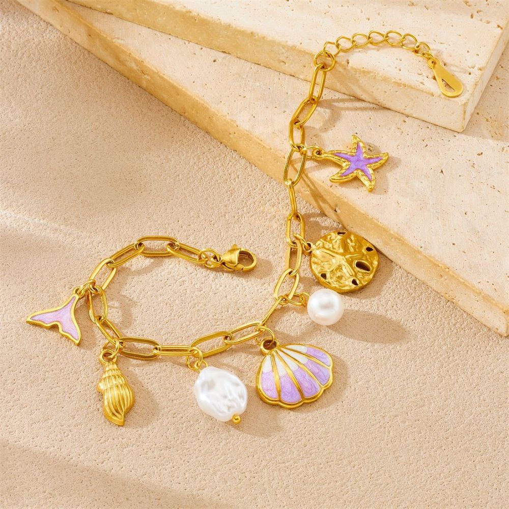 New European and American style creative ocean series stainless steel bracelet with cartoon dripping pearl, seashell, fishtail, starfish jewelry for women
