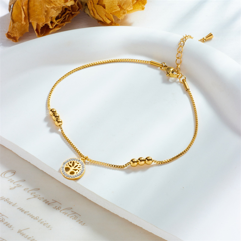Niche New High-End Luxury Minimalist Gold Titanium Steel Tree of Life Pendant with Gold Bead Chain Anklet