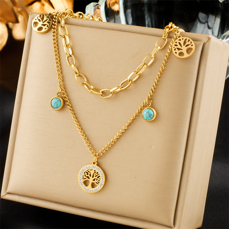 Fashionable, niche, retro, minimalist, and sophisticated round diamond-encrusted Tree of Life turquoise pendant double-layer chain necklace