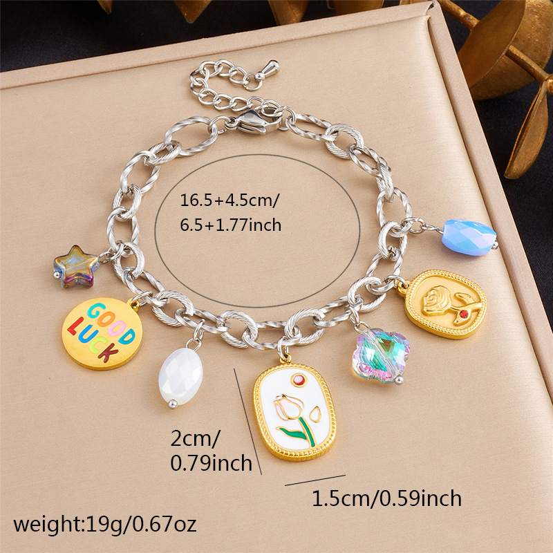 Trendy new cross-border fashion design with multiple elements: tulip, moon, and star stainless steel bracelet.