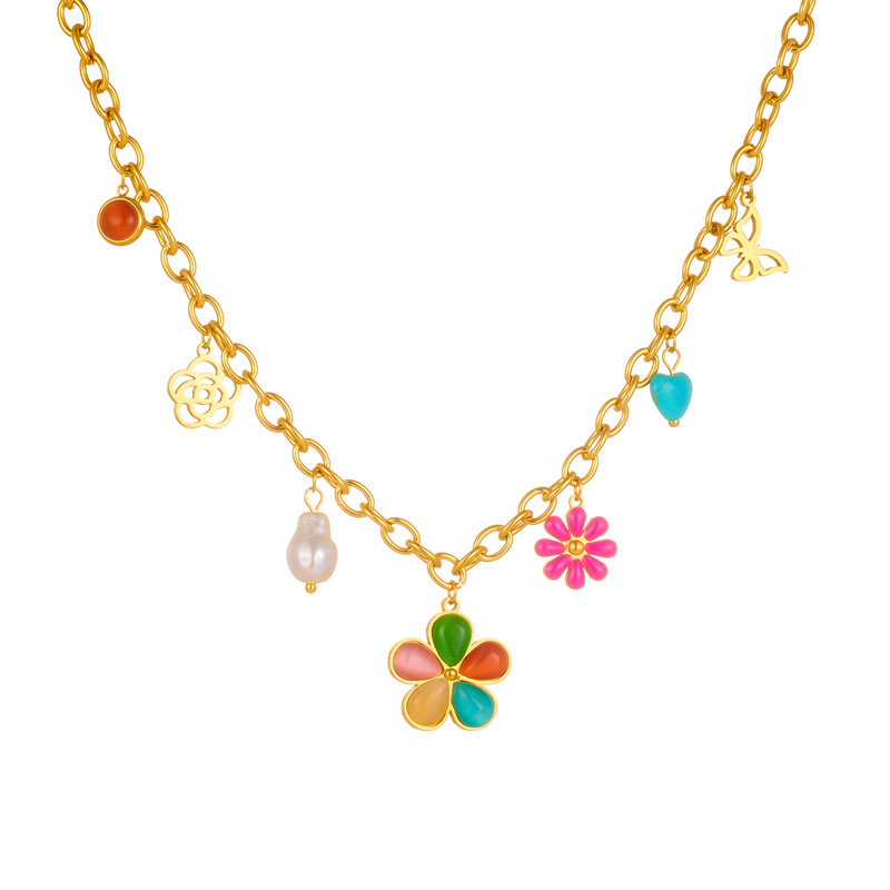 Cross-border fashion colorful resin petal daisy hollow butterfly pearl heart accessory chain stainless steel necklace