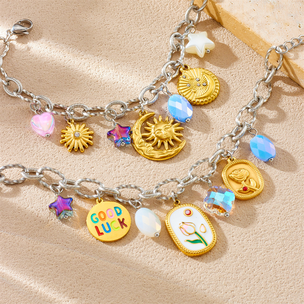 Trendy new cross-border fashion design with multiple elements: tulip, moon, and star stainless steel bracelet.