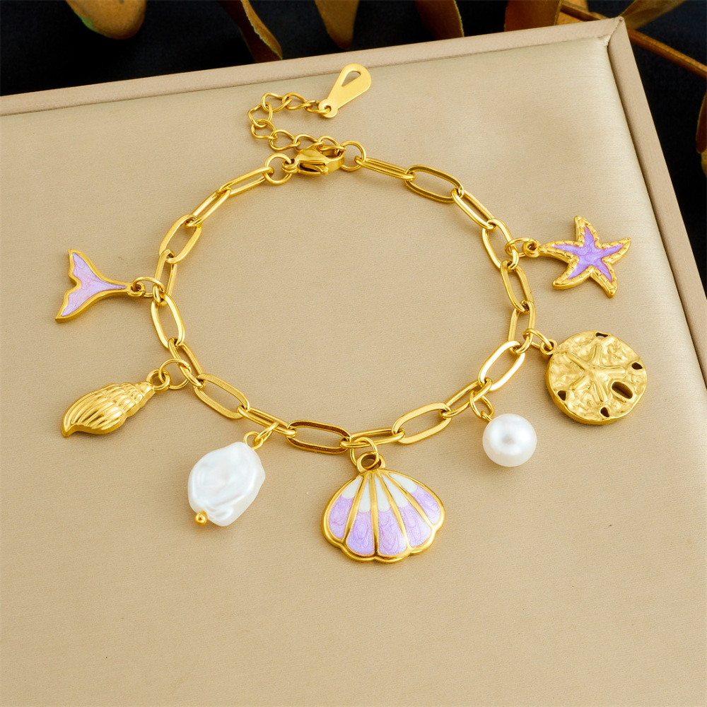 New European and American style creative ocean series stainless steel bracelet with cartoon dripping pearl, seashell, fishtail, starfish jewelry for women