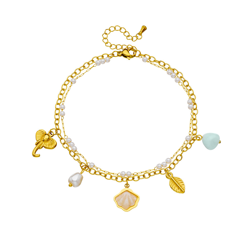 Fashionable new style, unique and fresh, versatile double-layered shell, pearl, elephant, and leaf pendant stainless steel anklet.