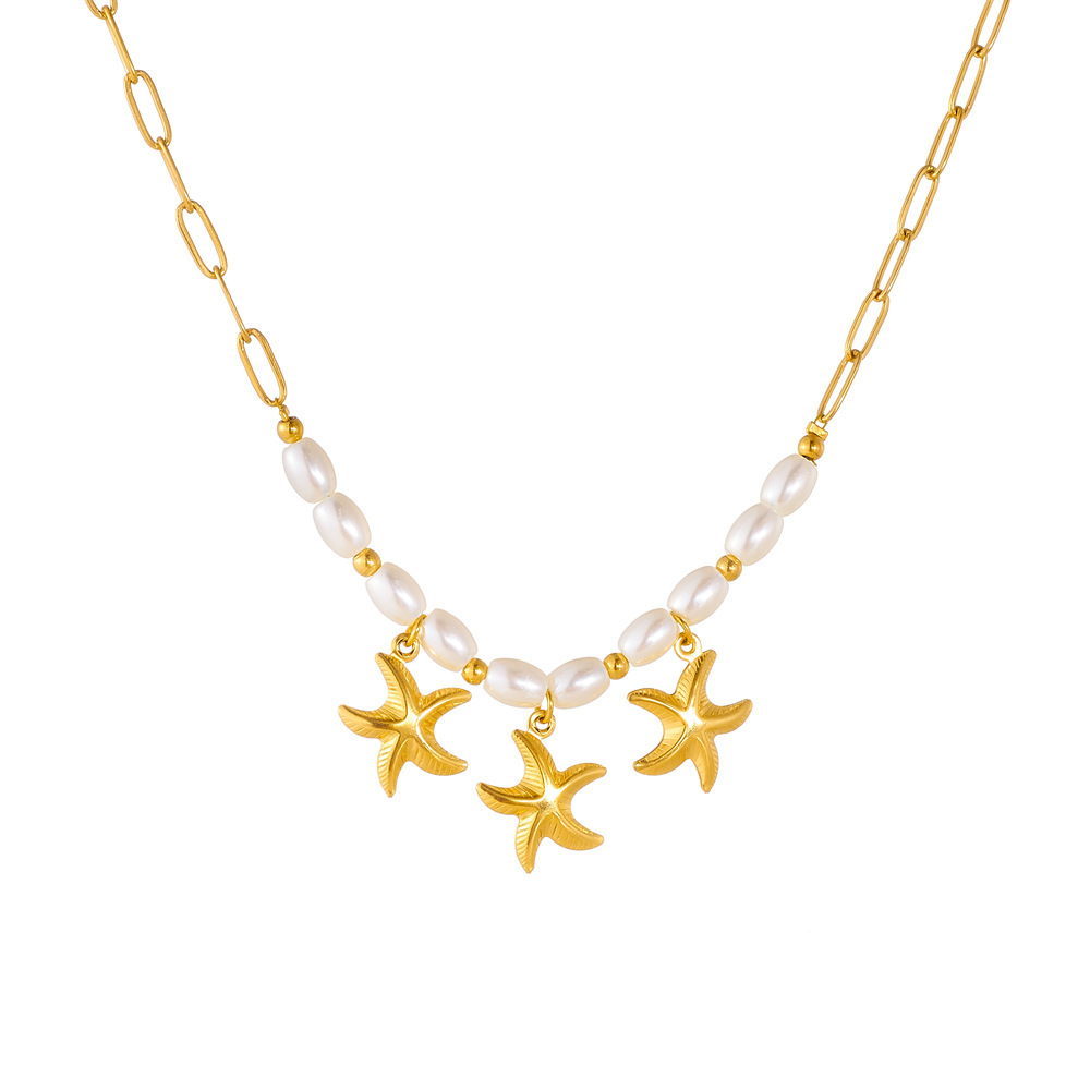 Cross-border fashion gold-plated starfish pendant chain, imitation pearl spaced beaded clavicle chain, simple and versatile necklace.