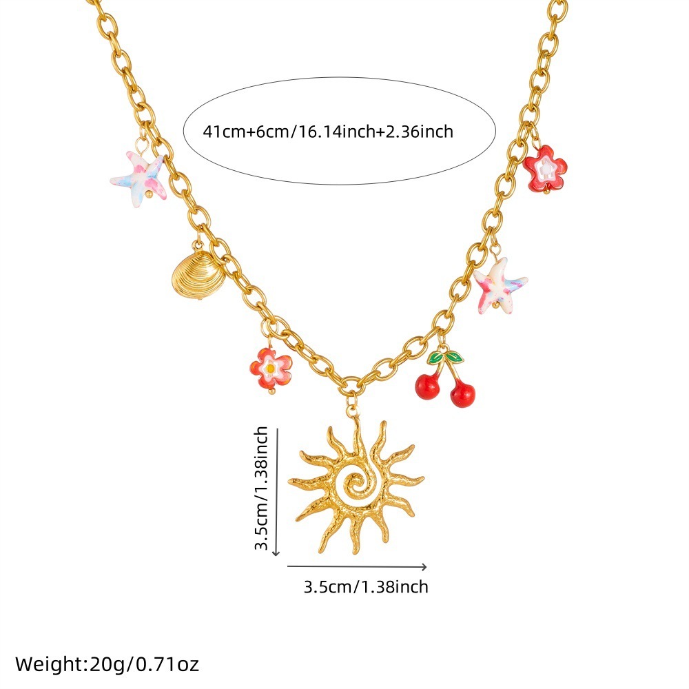 Cross-border fashion summer sunflower starfish cherry drip pendant gold-plated stainless steel O-chain clavicle necklace