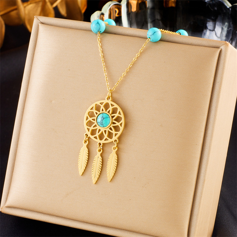 European and American style, retro ethnic style, turquoise beaded dreamcatcher pendant chain, titanium steel necklace