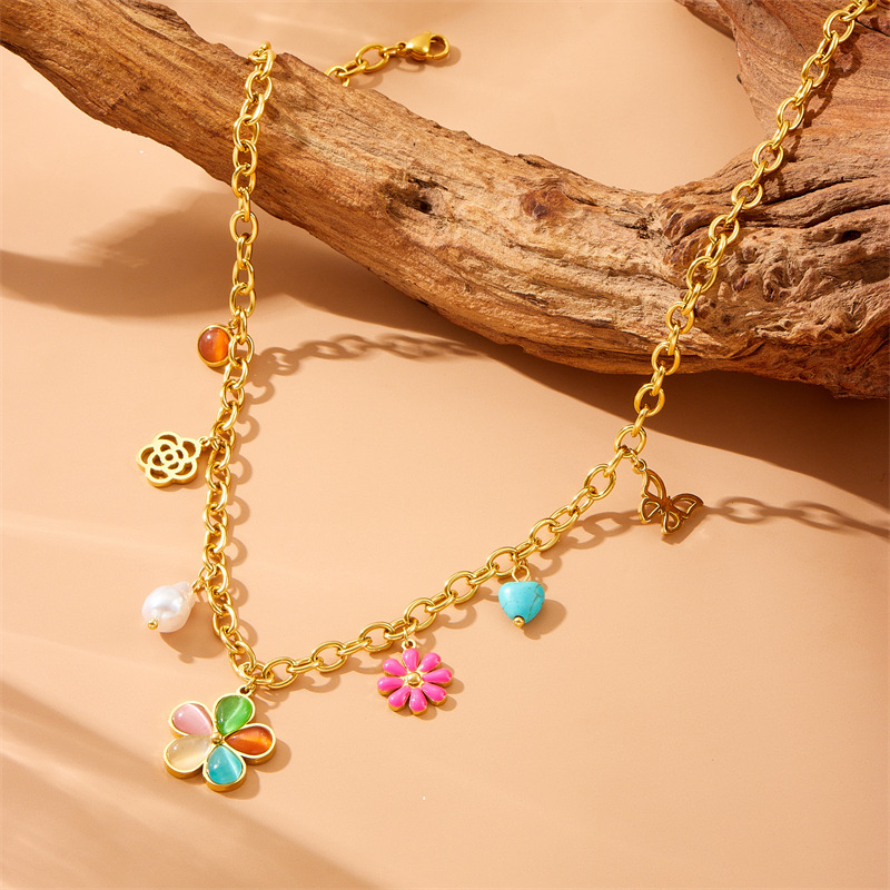 Cross-border fashion colorful resin petal daisy hollow butterfly pearl heart accessory chain stainless steel necklace