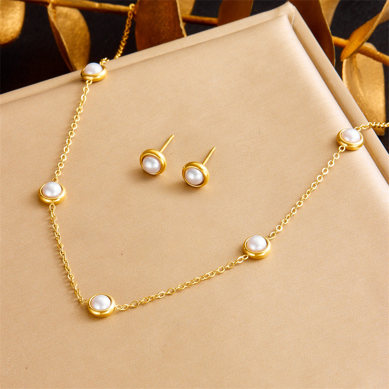 European and American cross-border fashion retro round pearl stainless steel chain accessories bracelet earring necklace jewelry set