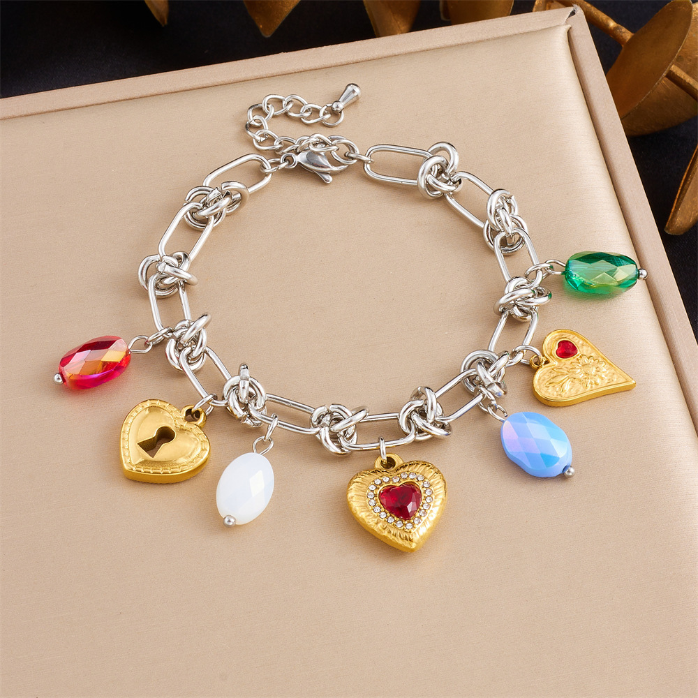 Cross-border trend, niche design, stainless steel dripping heart bow round pendant spliced bracelet