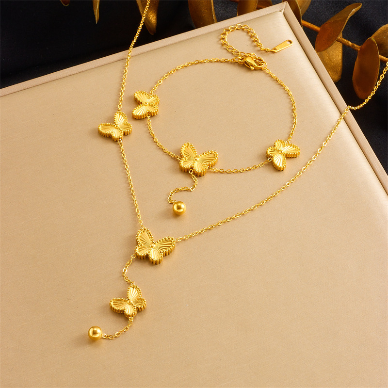 European and American cross-border double-sided butterfly accessories steel bead tassel chain stainless steel gold-plated jewelry set necklace and bracelet