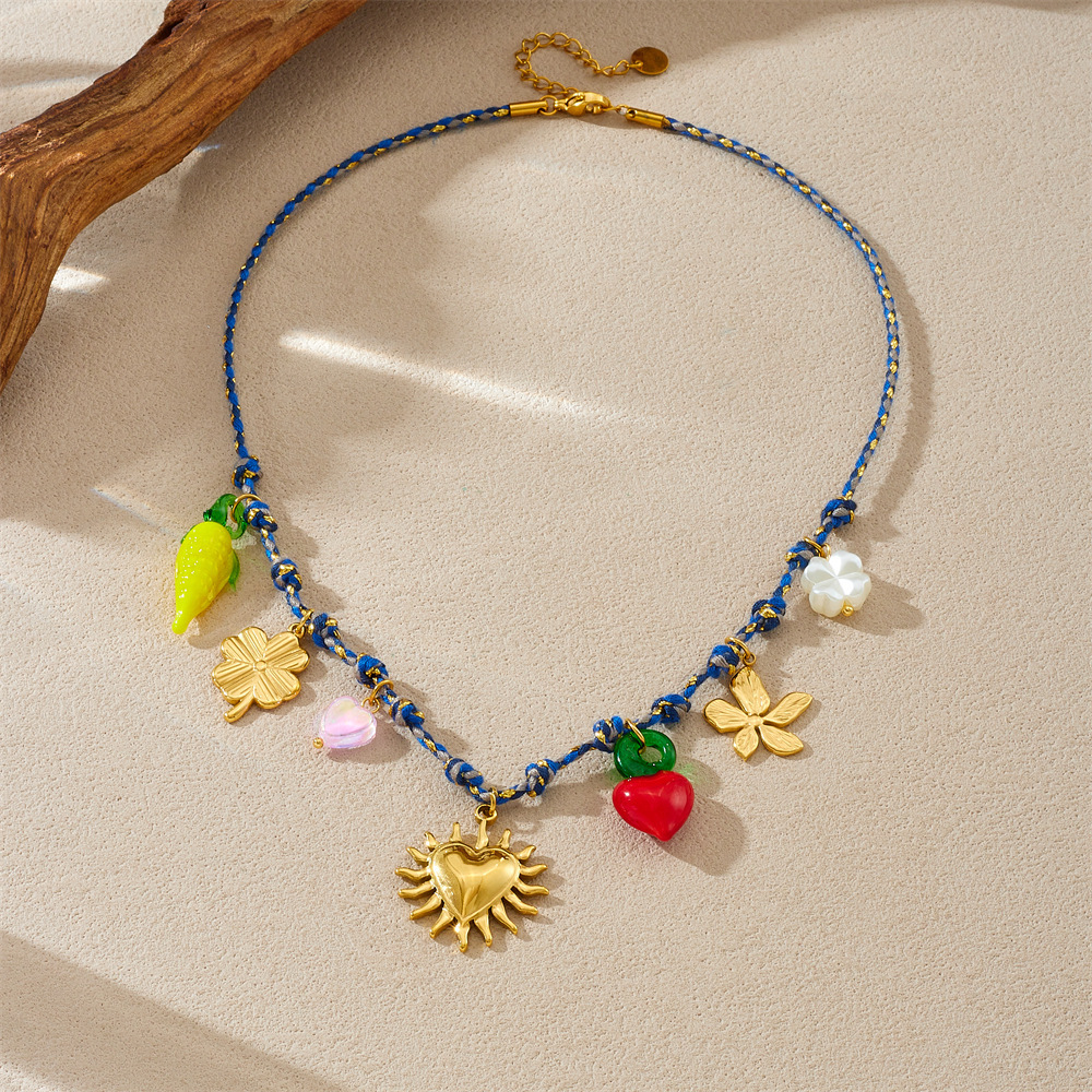 Cross-border fashion multi-element drip heart flower pendant peach heart sun-smooth gold-plated stainless steel chain necklace
