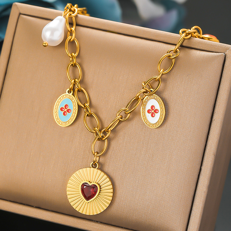 European and American cross-border rainbow flower cherry strawberry seven-color stainless steel necklace pendant cute fashion necklace clavicle chain