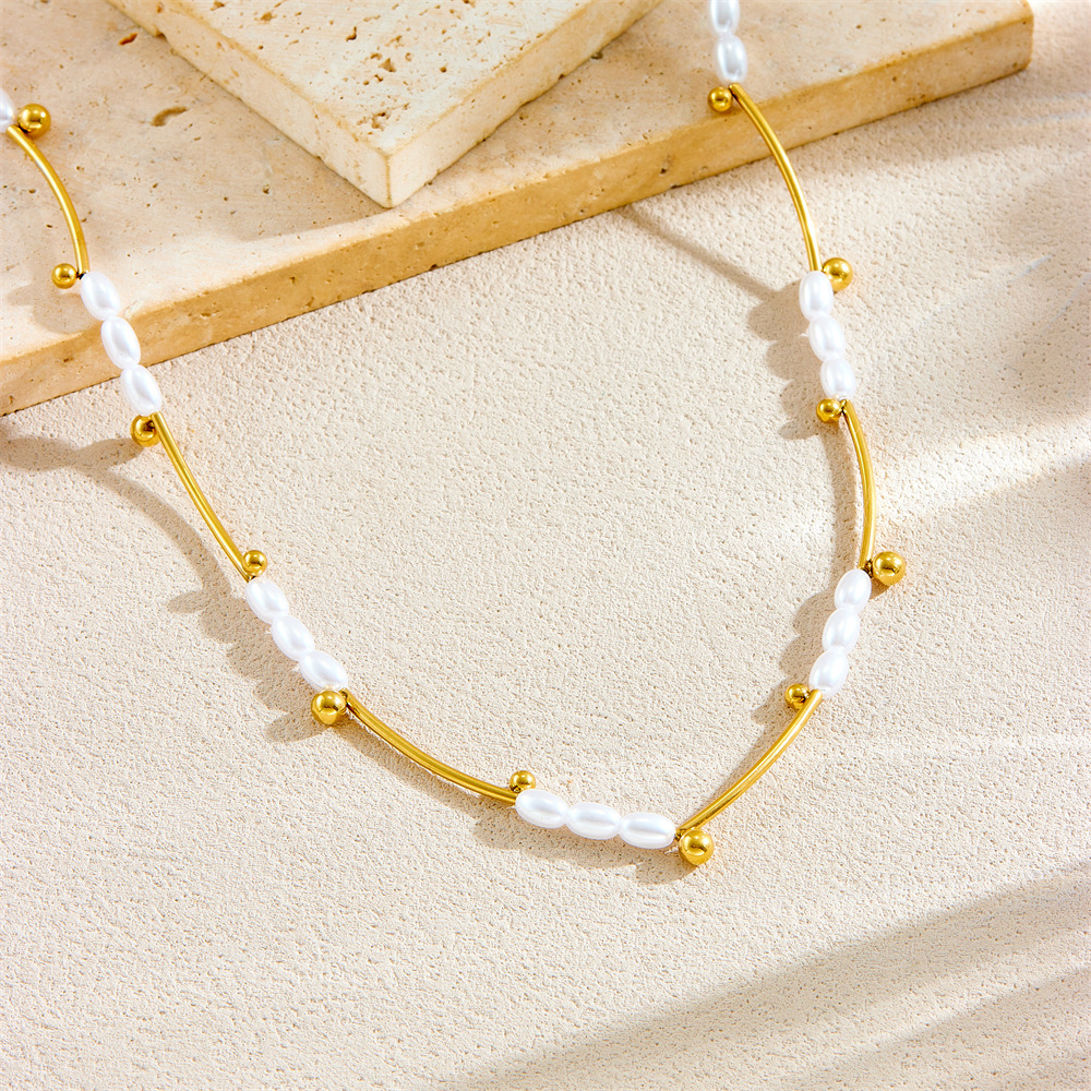 French retro style, light luxury oval pearl long bar with gold-plated stainless steel choker necklace